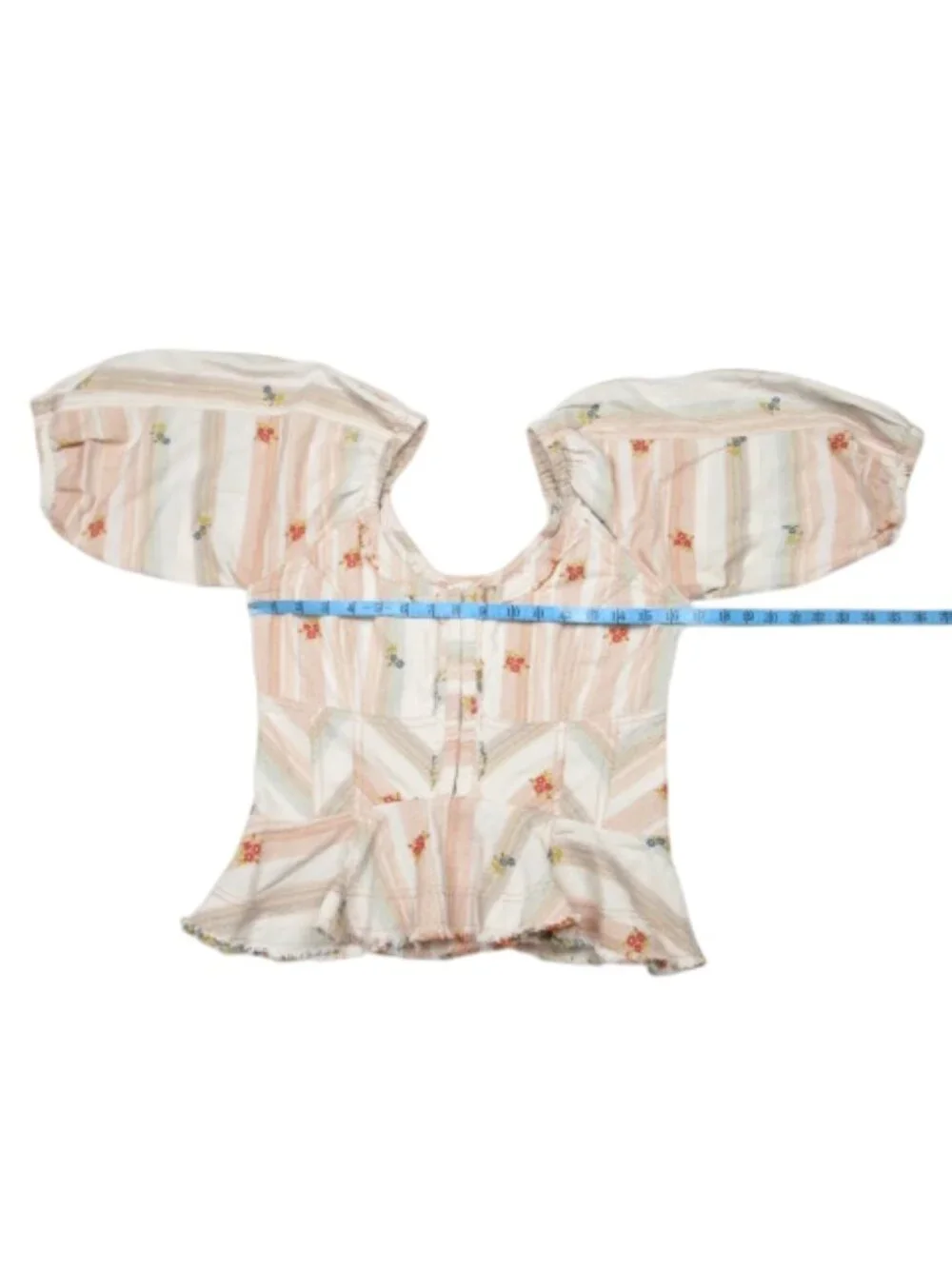 Anthropologie Pilcro Puff-Sleeve Peplum Blouse Neutral Motif Floral Cream M